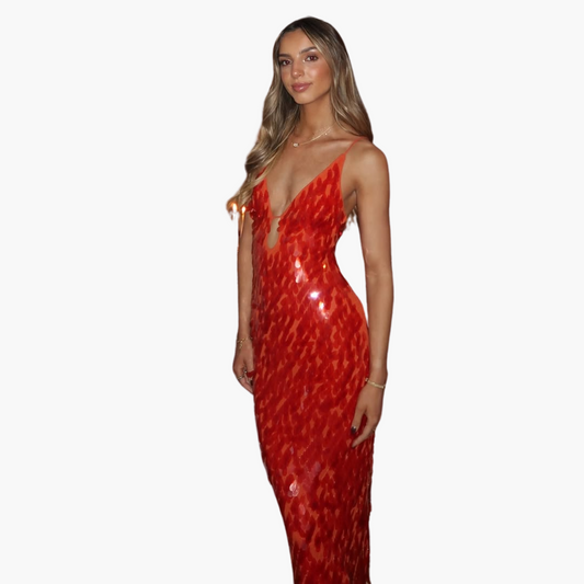 Sequin Evening Dress for Women - Maxi with V-Neck