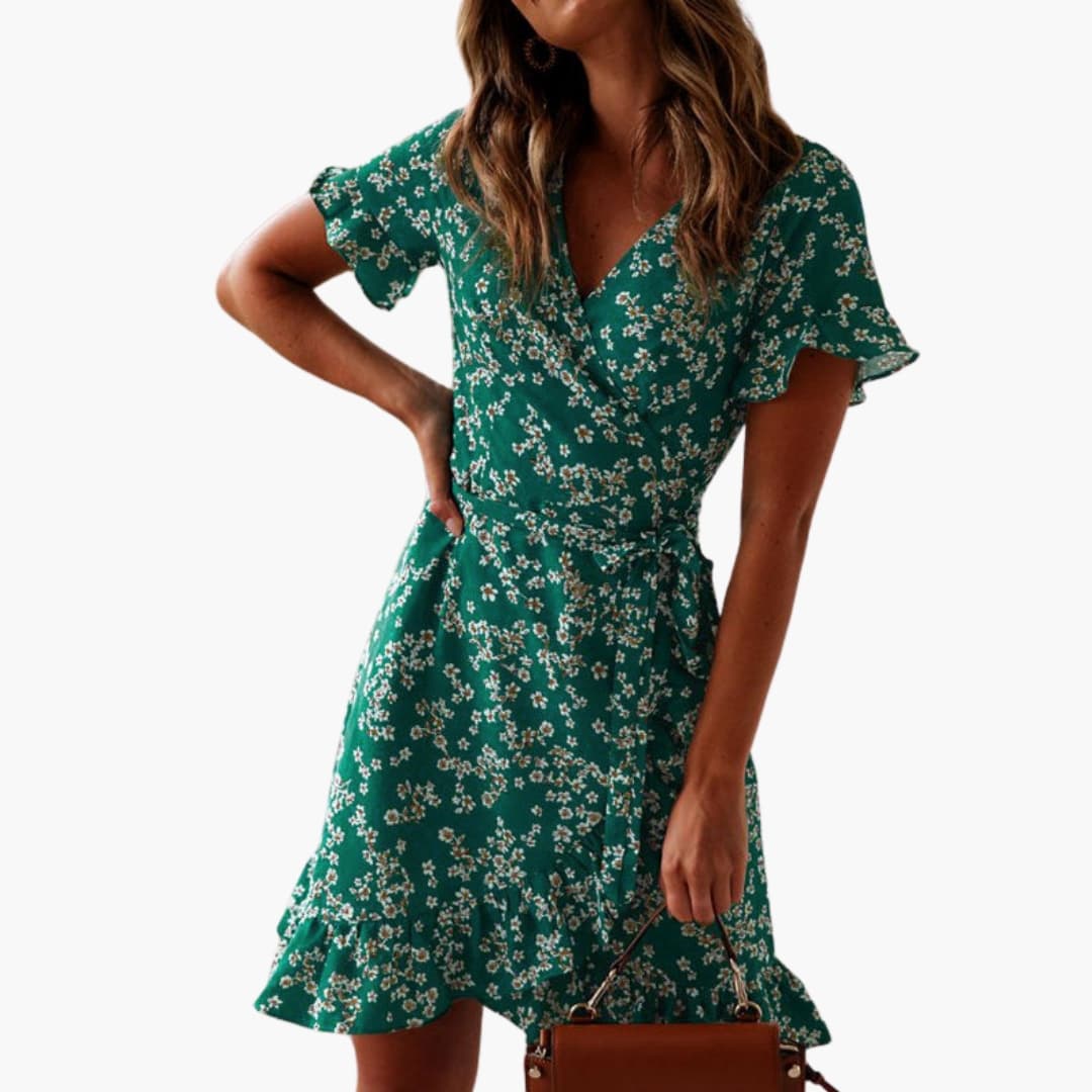 Women’s Beach Dress with V Neck and Ruffle Hem