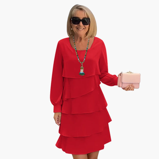 Women’s Layered Dress with Round Neckline and Long Sleeves