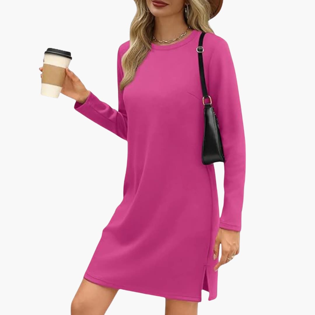 Women's Long Sleeve Mini Dress with Round Neck and Straight Hem