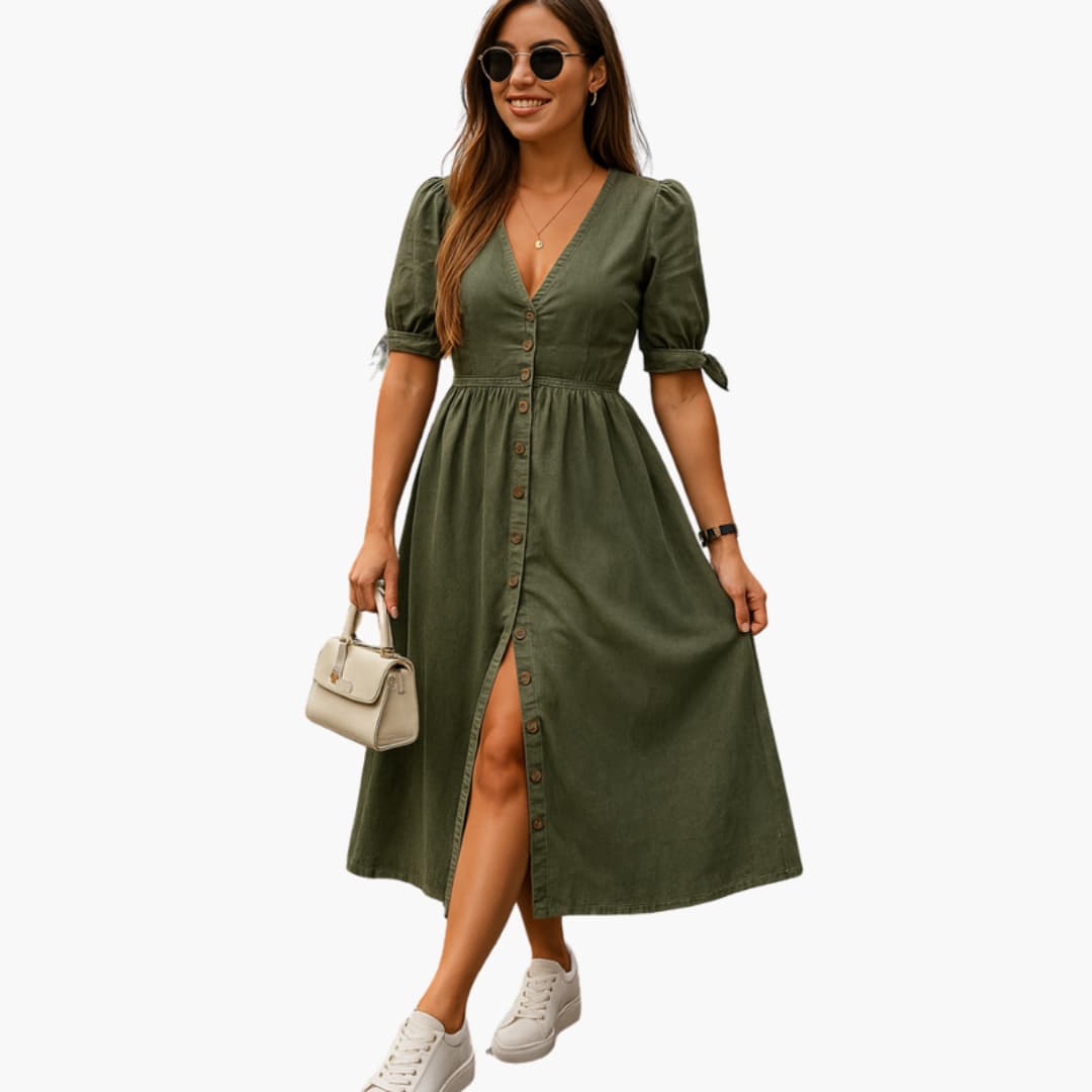 Women’s Midi Dress with Button Front and V Neckline