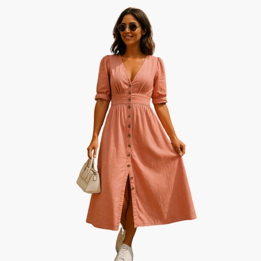 Women’s Midi Dress with Button Front and V Neckline