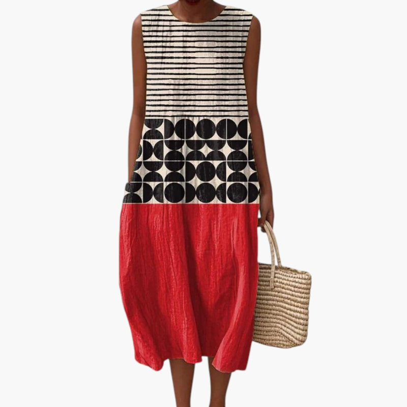 Women's Midi Dress with Round Neckline and Sleeveless Design with Lightweight