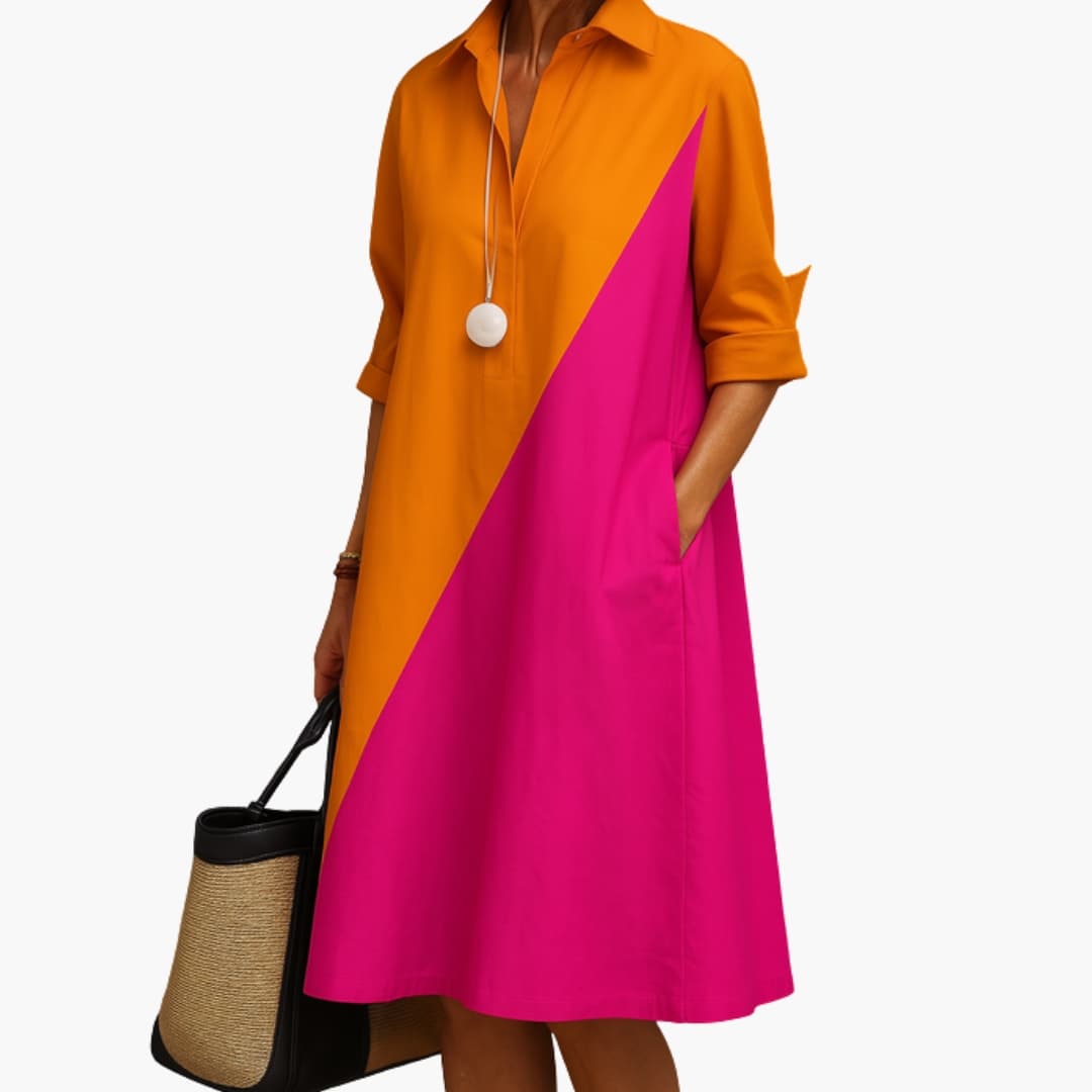 Women's Midi Dress with Structured Waist and Plain Surface