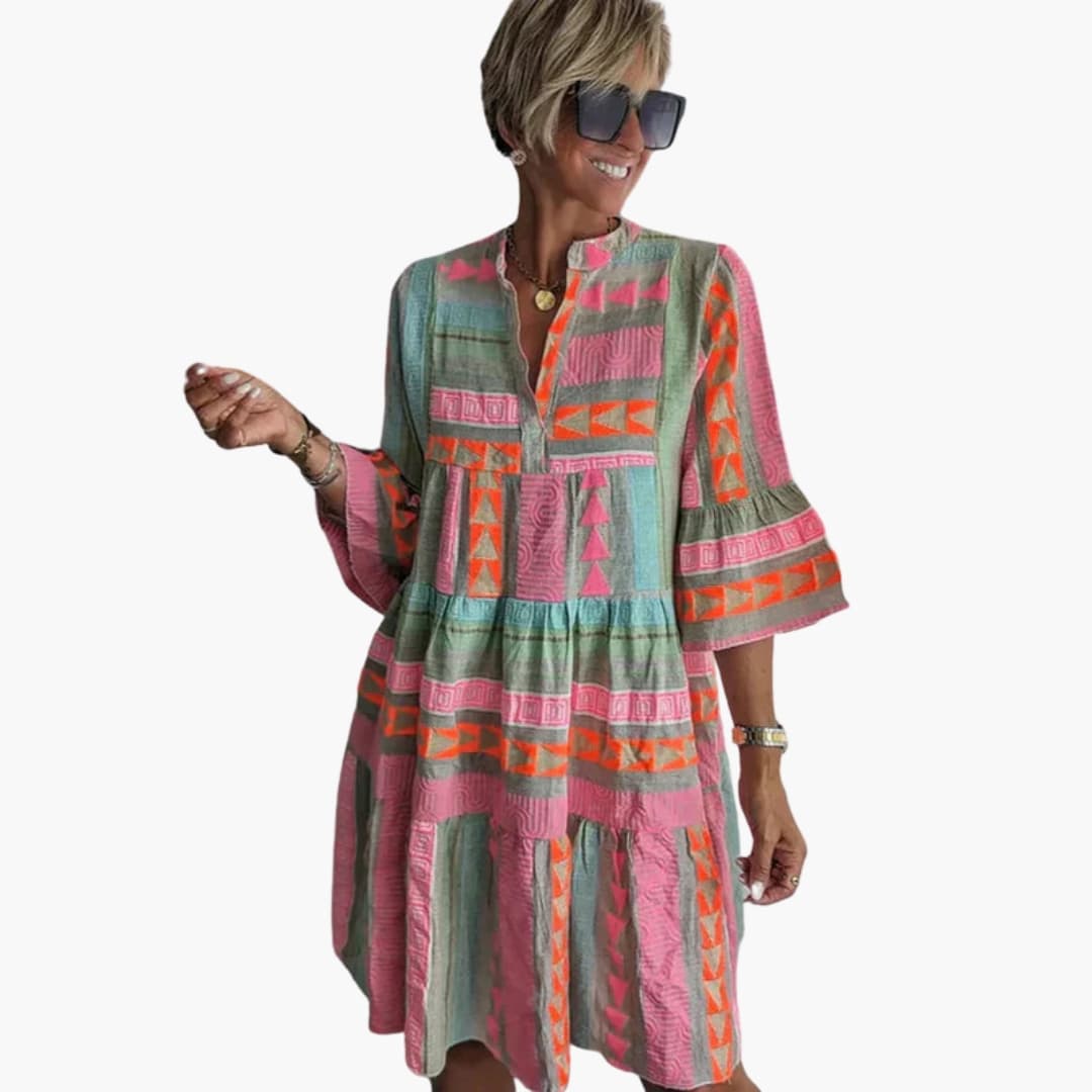 Women's Midi Dress with V-Neck and Hemp Fabric