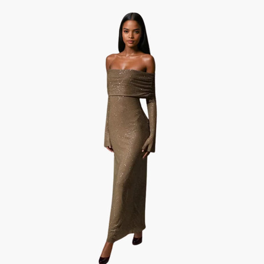 Women’s Off Shoulder Glitter Maxi Dress with High Waist Seam and Straight Hem