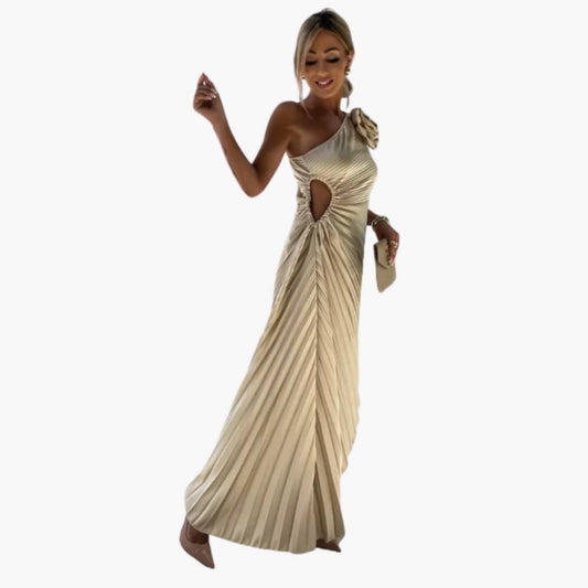 Women’s One-Shoulder Midi Dress with 3D Floral Appliqués and Sleeveless Design