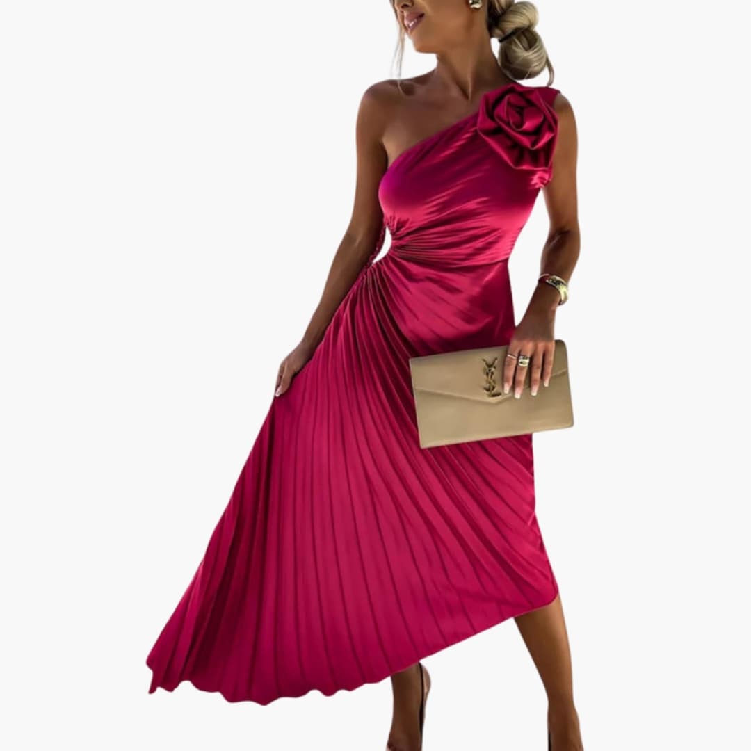 Women’s One-Shoulder Midi Dress with 3D Floral Appliqués and Sleeveless Design