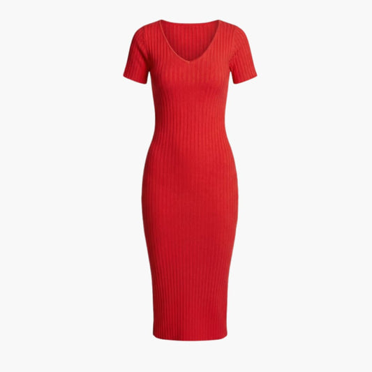 Women’s Ribbed Midi Dress with Slim Fit and Long Sleeves
