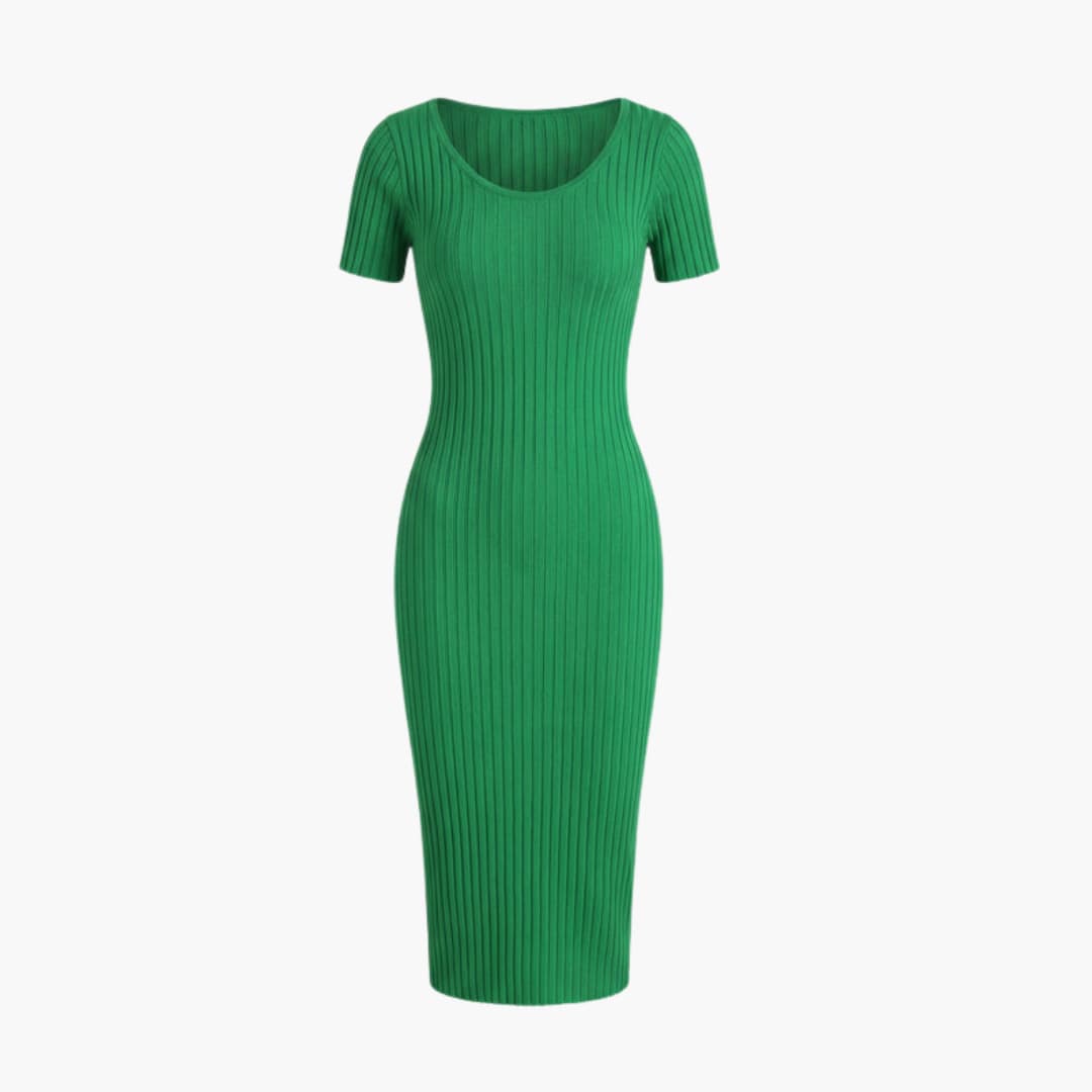 Women’s Ribbed Midi Dress with Slim Fit and Long Sleeves