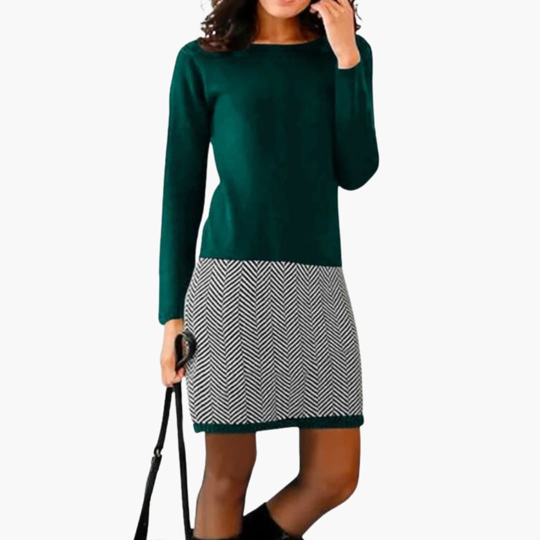 Women’s Round Neck Dress with Houndstooth Hem