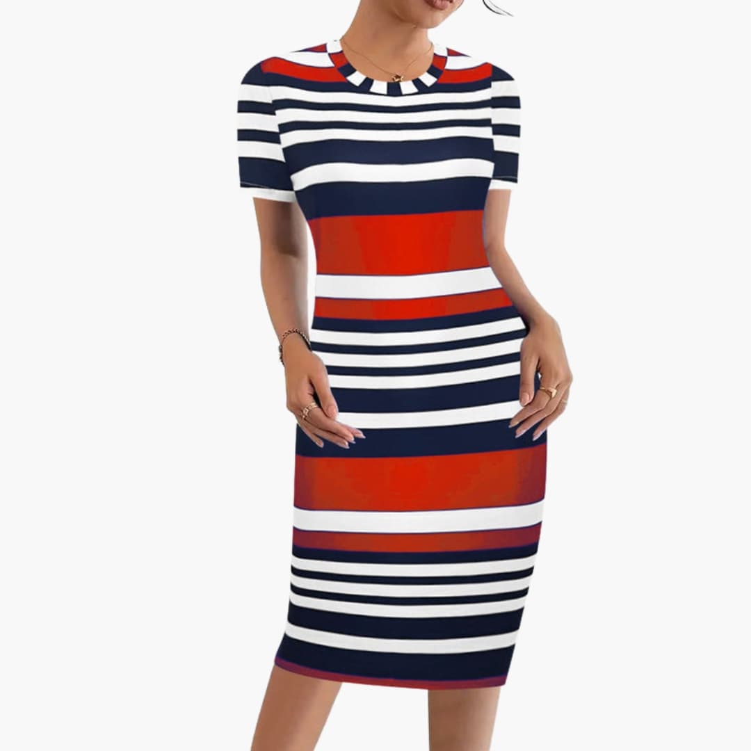 Women’s Striped Dress with Round Neck and Short Sleeves