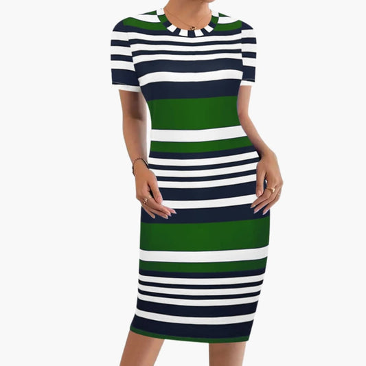 Women’s Striped Dress with Round Neck and Short Sleeves