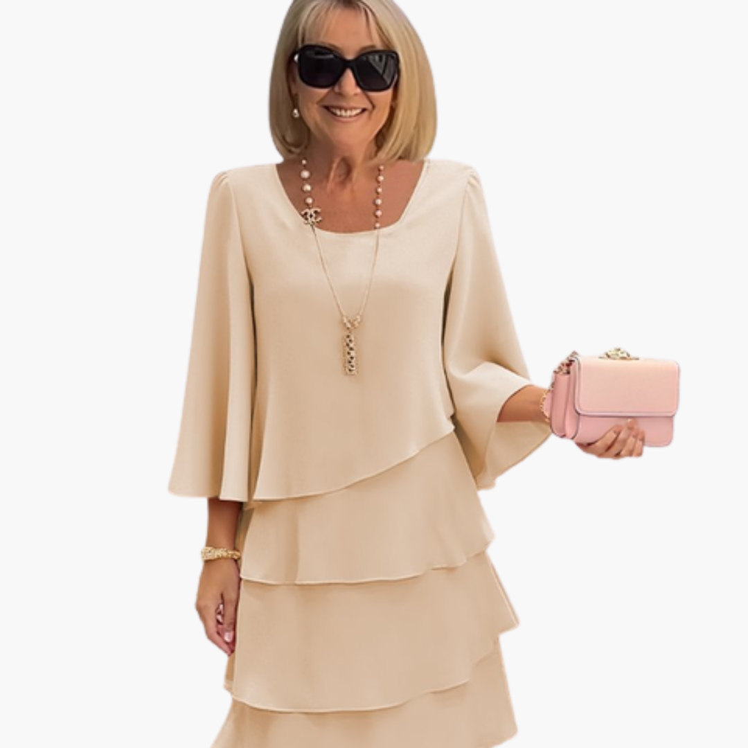 Women’s Layered Dress with Round Neckline and Long Sleeves