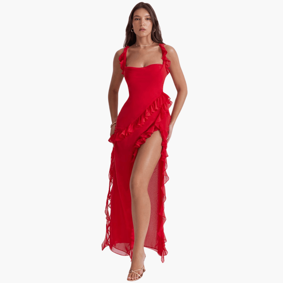 Ruffled Summer Dress for Women – Maxi Dress with High Slit