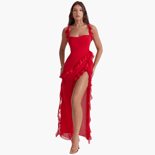 Ruffled Summer Dress for Women – Maxi Dress with High Slit