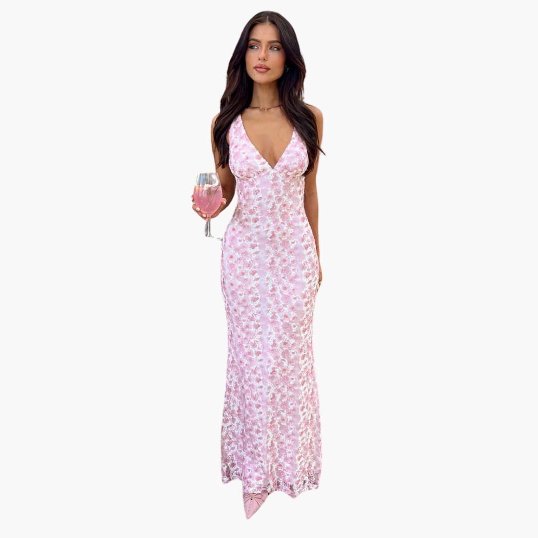 Lace Maxi Dress - Women's Style with V-Neck and Elegance