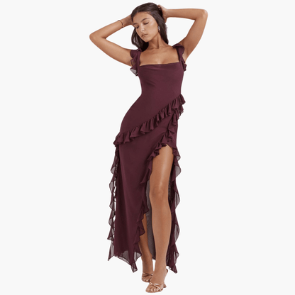 Ruffled Summer Dress for Women – Maxi Dress with High Slit