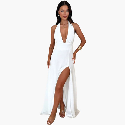 Maxi Dress with Slit - Elegant Women's Evening Dress Halter Neck