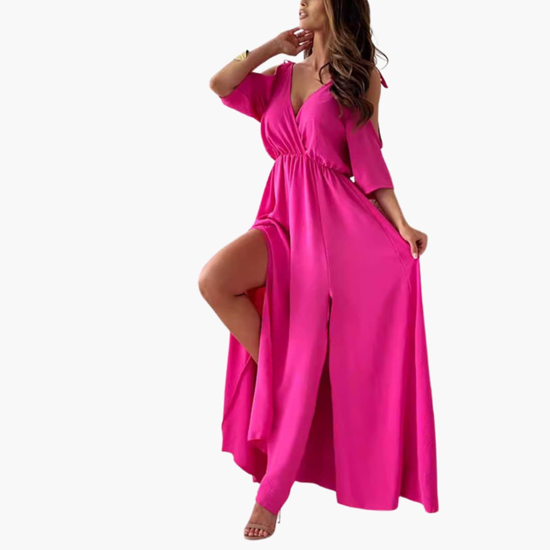 Maxi Dress with V-Neck and Slit ��� Women's Evening Wear