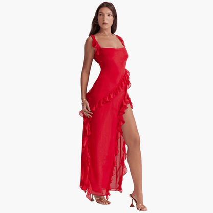 Ruffled Summer Dress for Women – Maxi Dress with High Slit