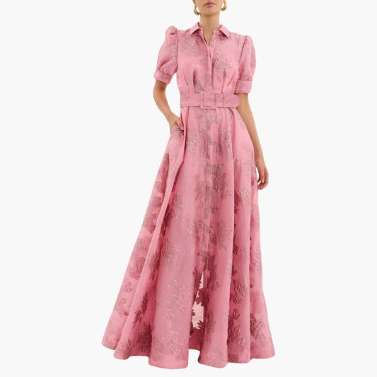 Floral Dress with Belt - For Women with Puff Sleeves & Elegance