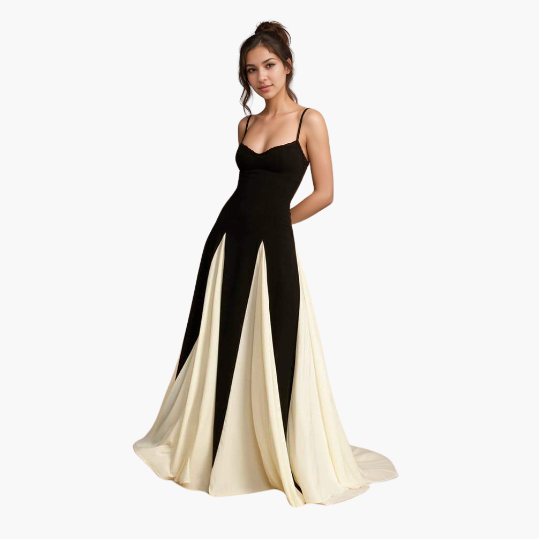 Colorblock Maxi Dress for Women – Elegant with Heart Neckline