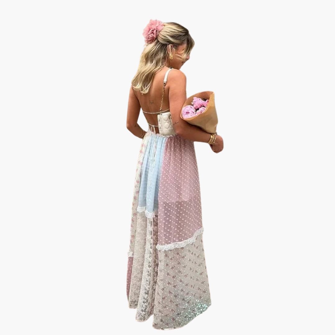Patchwork Maxi Dress - Women's Summer Dress with Spaghetti Straps