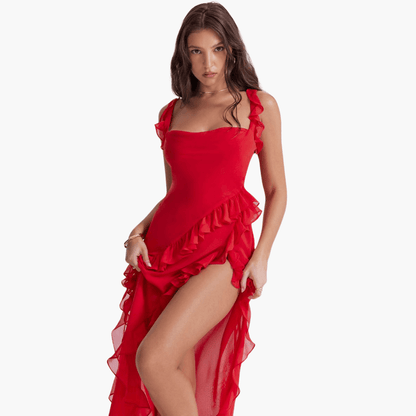 Ruffled Summer Dress for Women – Maxi Dress with High Slit