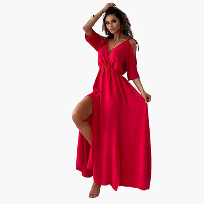 Maxi Dress with V-Neck and Slit ��� Women's Evening Wear