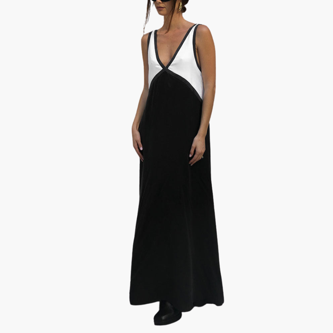 Light V-Neck Maxi Dress for Women - Color Block Design