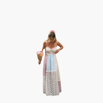 Patchwork Maxi Dress - Women's Summer Dress with Spaghetti Straps