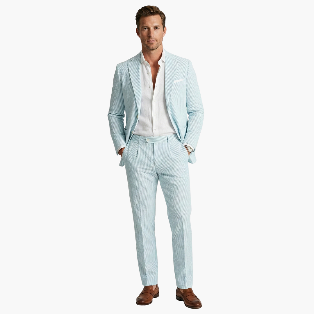 Men's Summer Suit Two-Piece with Pinstripes and Slim Fit