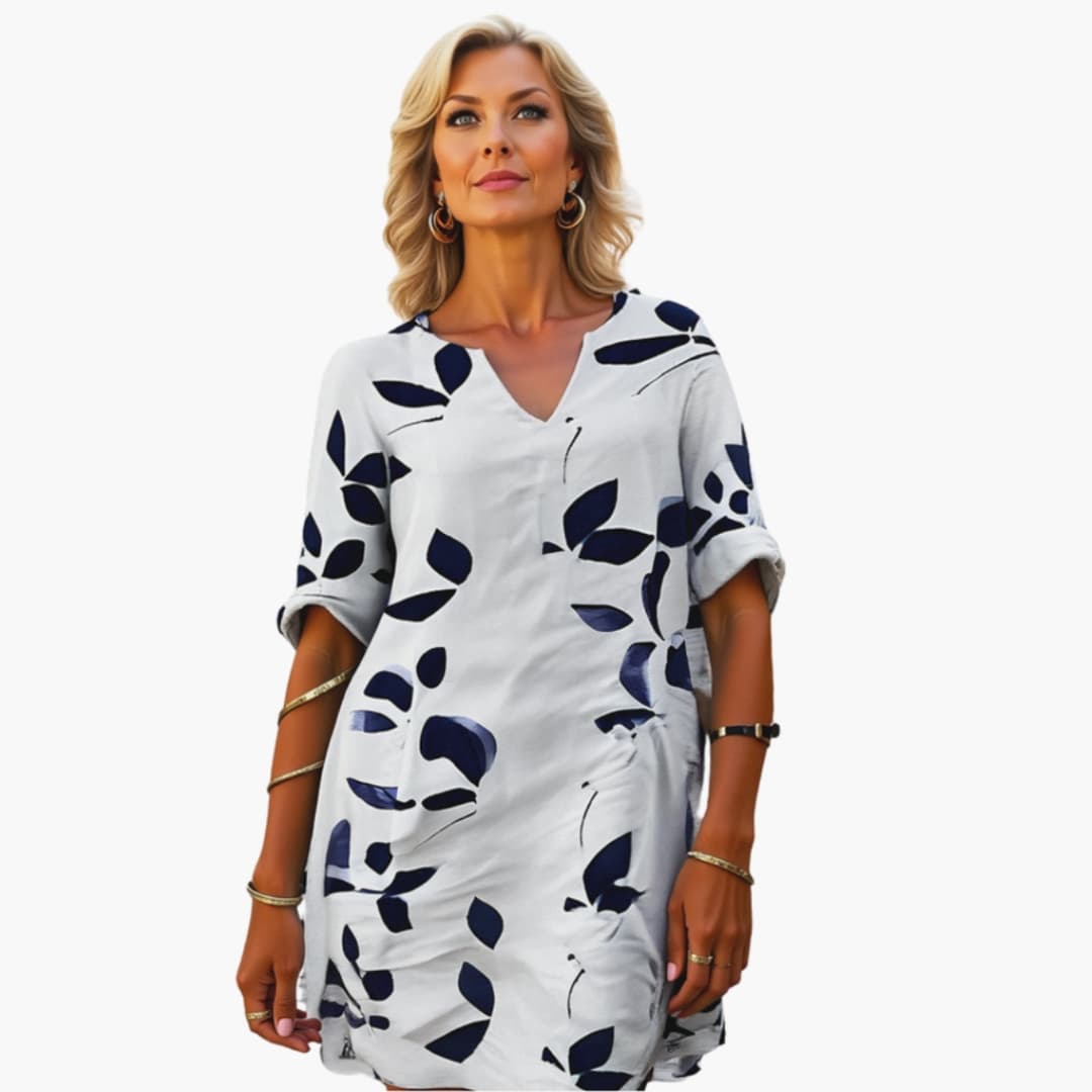 Summer Dress for Women - Leaf Pattern - Loose Fit & V - Neck