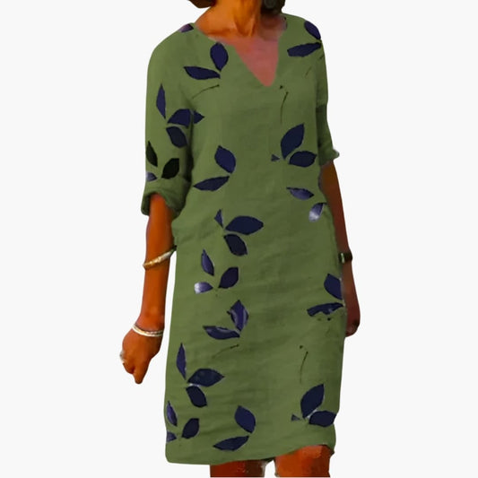 Summer Dress for Women - Leaf Pattern - Loose Fit & V - Neck