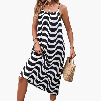 Women’s Beach Dress with Spaghetti Straps and Wave Pattern