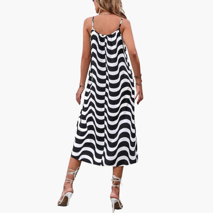 Women’s Beach Dress with Spaghetti Straps and Wave Pattern
