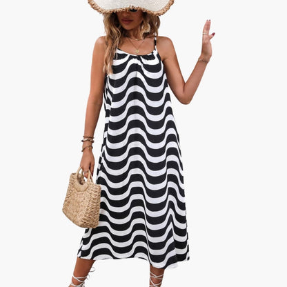 Women’s Beach Dress with Spaghetti Straps and Wave Pattern