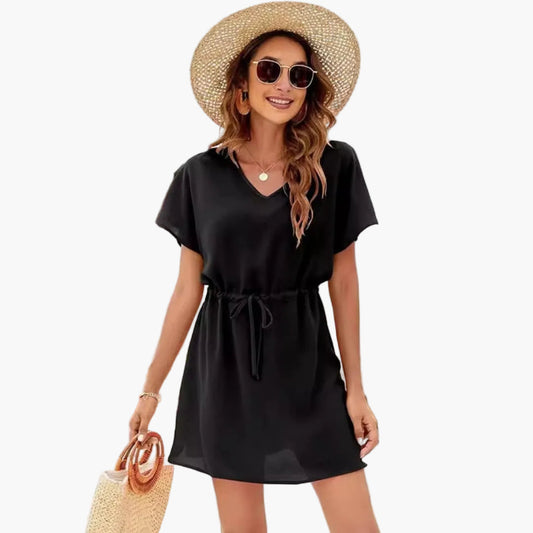 Women’s Beach Dress with V Neck and Drawstring Waist
