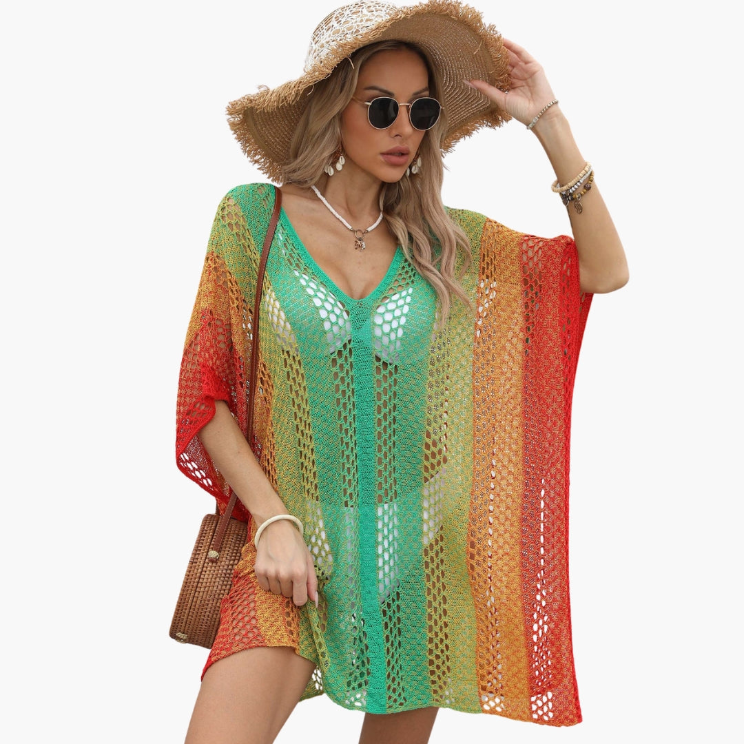 Women’s Beach Dress with V Neck and Open Knit Surface
