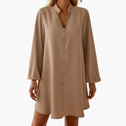 Women’s Button Front Short Dress with Puff Sleeves and Defined Waist