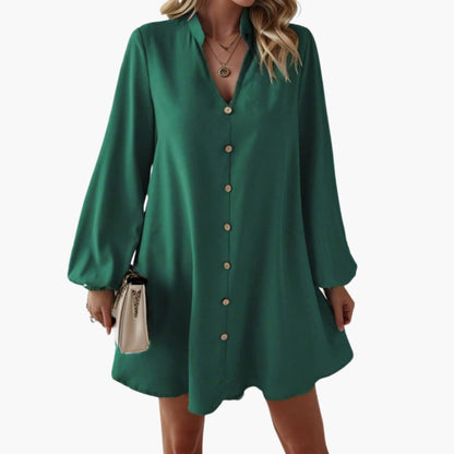 Women’s Button Front Short Dress with Puff Sleeves and Defined Waist
