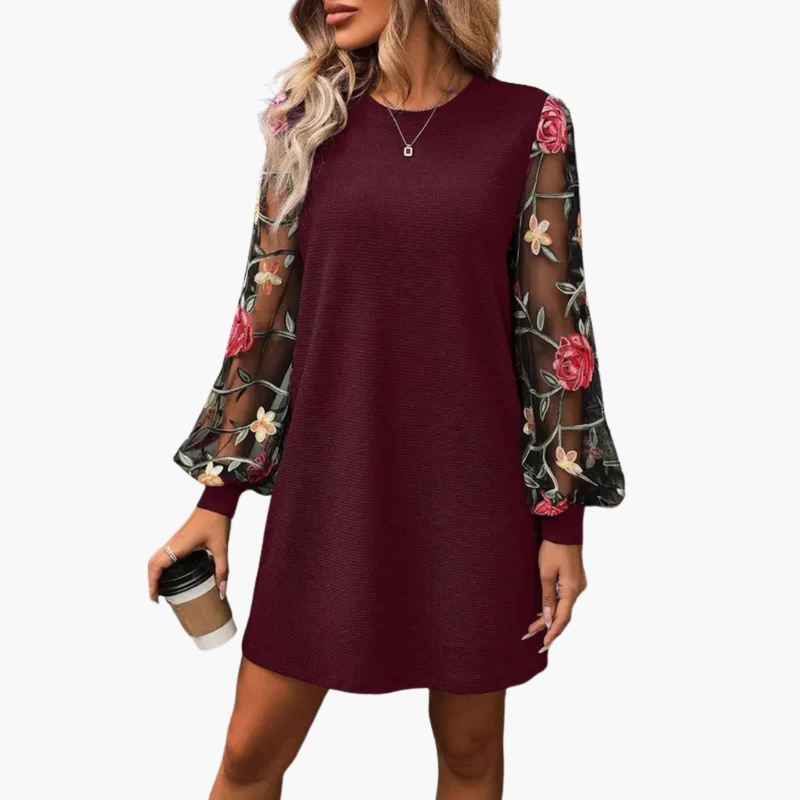 Women's Dress with Embroidered Sleeves and Relaxed Fit