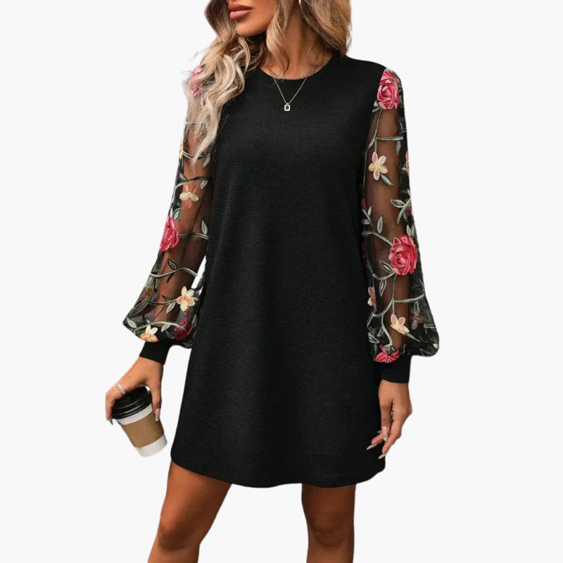 Women's Dress with Embroidered Sleeves and Relaxed Fit