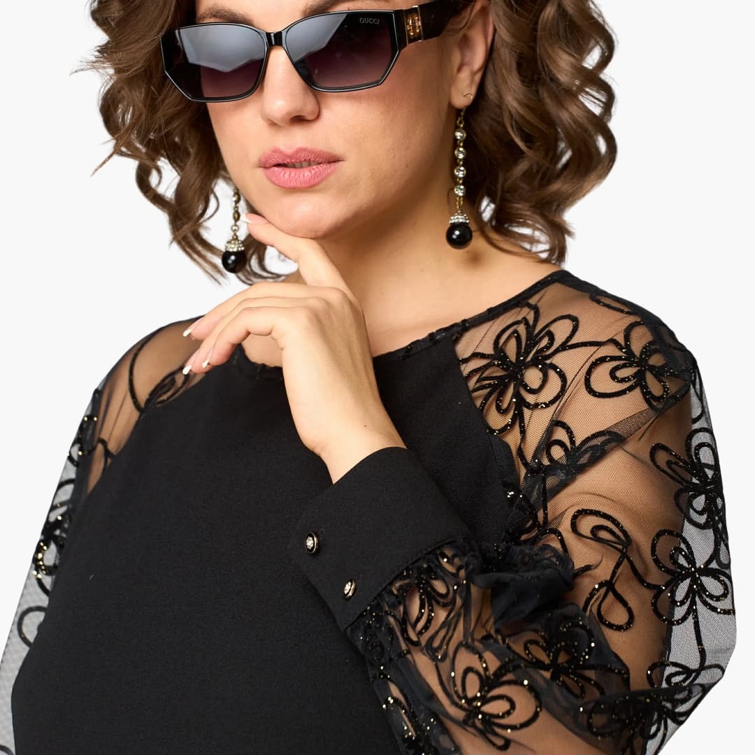 Women's Dress with Lace Sleeves and Round Neckline