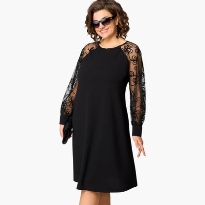 Women's Dress with Lace Sleeves and Round Neckline