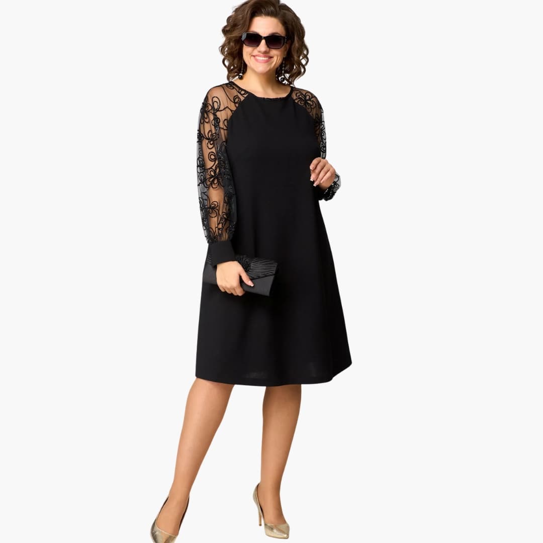 Women's Dress with Lace Sleeves and Round Neckline