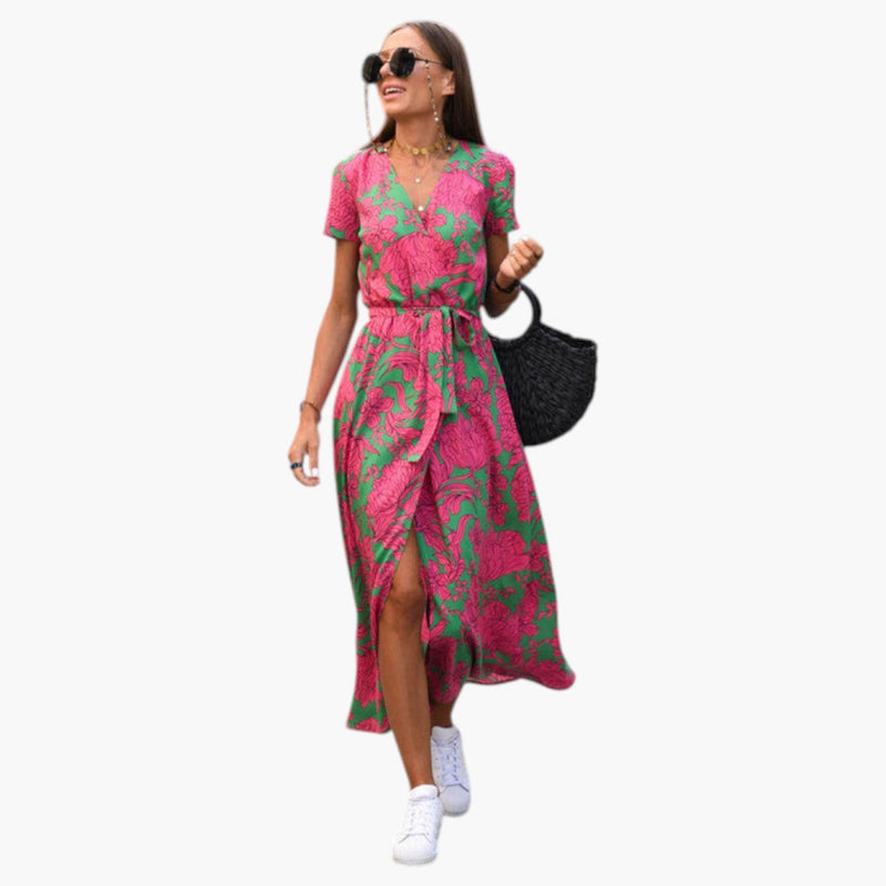 Women's Dress with V Neckline and Printed Surface
