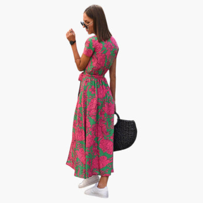 Women's Dress with V Neckline and Printed Surface