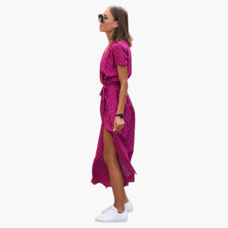 Women's Dress with V Neckline and Printed Surface